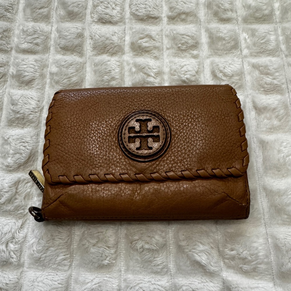 Tory Burch Brown Pebbled Leather Wallet Wristlet Compact Credit Card Slots